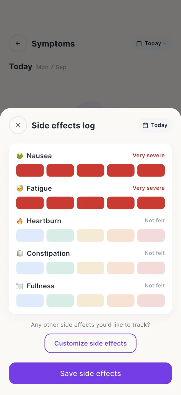 Lagom side-effects sheet with intensity sliders set for nausea and fatigue